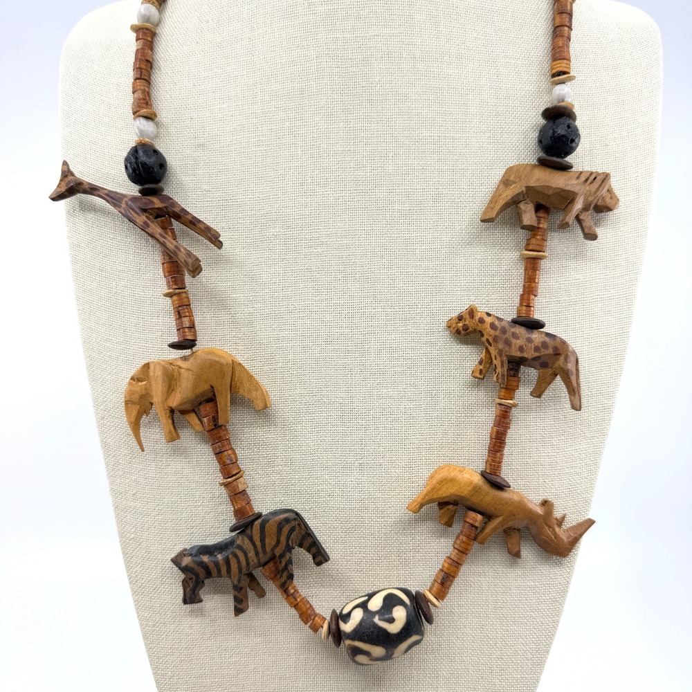 Safari Animal Carved Wooden Bead Statement Necklace Artisan Boho Jewelry Gift
